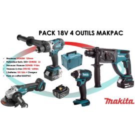 Pack de 4 outils Makita 18V (DDF458/DTD152/DHR202/DGA504) + 3 batteries 5 Ah + chargeur + MAKPAC pas cher Principale M