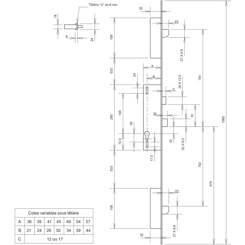 Serrure à larder 3 points coffre 92MTX U7 36mm - METALUX - F1U7360200 pas cher Secondaire 1 L