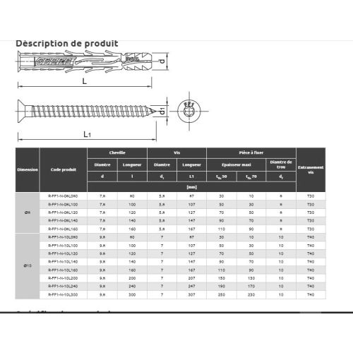 Cheville longue universelle nylon t&ecirc;te frais&eacute;e 10X300 bo&icirc;te de 10 - RAWL - R-FF1-N-10L300 pas cher Secondaire 1 L