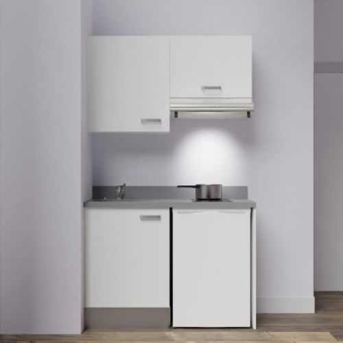 Kitchenette K01L 120cm emplacements frigo top et hotte blanc/cromo (gris) évier à gauche - CUISIBANE - K01B-P120CR-G pas cher