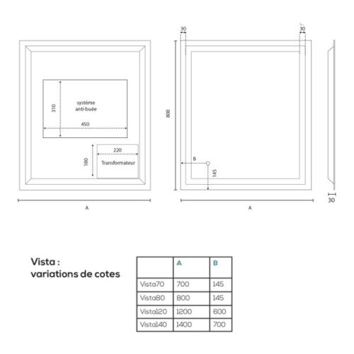 Miroir salle de bain VISTA cadre lumineux 70x80cm rectangulaire - CUISIBANE - S02_VISTA70 pas cher Secondaire 1 L