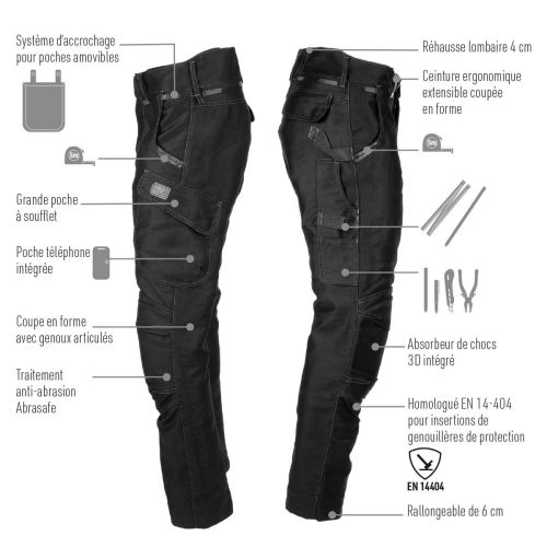 Pantalon de travail multipoches HARPOON ALTI en Moleskine noir T46 - TSD BOSSEUR - 11280-006 pas cher Secondaire 2 L