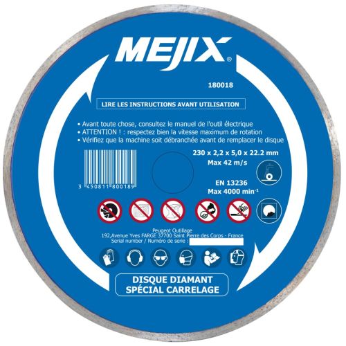 Disque diamant 230 mm avec bague de réduction 25,4/22,2 mm MEJIX 180018 photo du produit