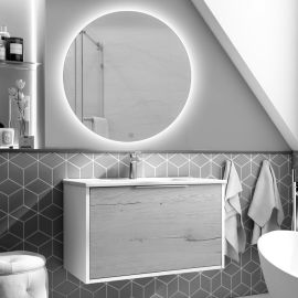 Meuble de salle de bain Cosynéo simple vasque à 1 façade à 2 tiroirs ALBA et miroir rond SOLEN 80 cm pas cher Principale M