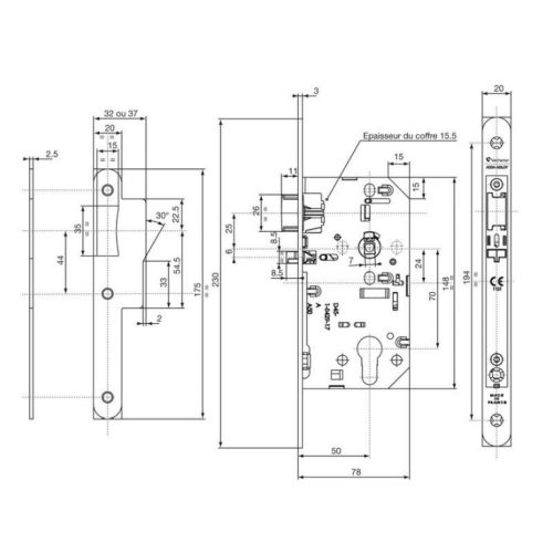 Serrure à larder D457 urgence axe 50mm T20 bout rond finition noir - VACHETTE - 14497000 pas cher Secondaire 1 L