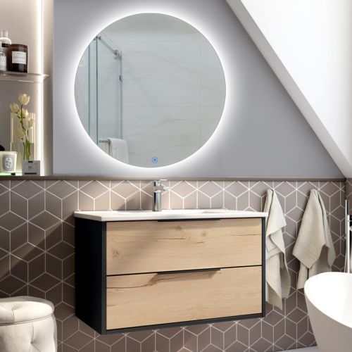 Meuble de salle de bain simple vasque 2 tiroirs ALBA et miroir rond SOLEN noir 80cm - COSYNEO - DUOXALBA80SOLENNOIROB pas cher