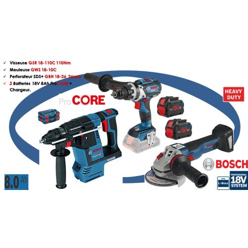 Pack 3 outils 18 V Bosch (GSR110/GWS10C/GBH26) + 2 batteries Procore 8.0 Ah + chargeur + L-BOXX photo du produit