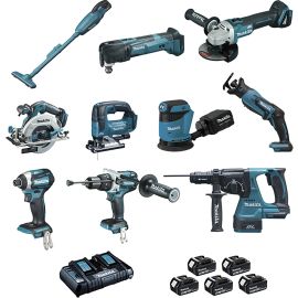 Ensemble de 10 machines LXT 18V Makita + 5 batteries 5 Ah + chargeur double + 5 coffrets Makpac - DLX1011PTJ photo du produit Principale M