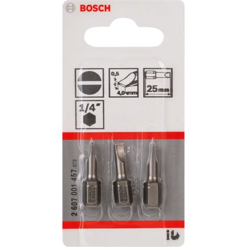 Paquet de 3 embouts de vissage plats qualité extra-dure queue six pans mâle 1/4'' S0,5x4 L 25mm - BOSCH - 2607001457 pas cher Secondaire 1 L