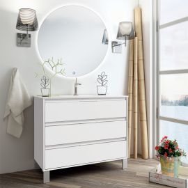 Meuble de salle de bain Cosynéo simple vasque 3 tiroirs avec miroir TIRIS 3C et miroir rond Led SOLEN 80 cm photo du produit Principale M