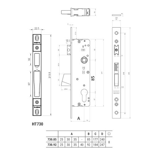 Serrure mono-point axe 35 mm entraxe 85 mm t&ecirc;ti&egrave;re plate 22 mm + g&acirc;ches MARC 730.85LB.35 photo du produit Secondaire 2 L