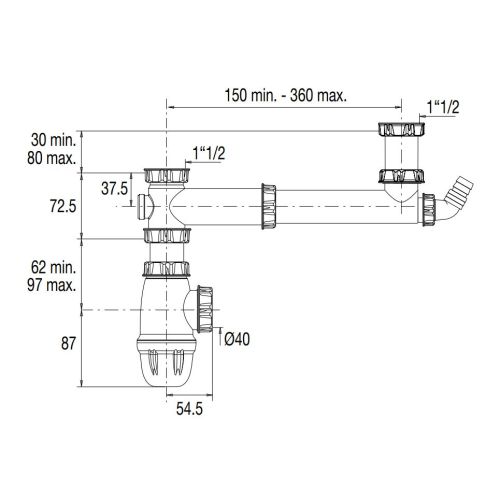 Tubulure pour évier 2 cuves entraxe 160 à 360mm avec prise MAL et siphon - VALENTIN - 00 778100 001 00 pas cher Secondaire 1 L