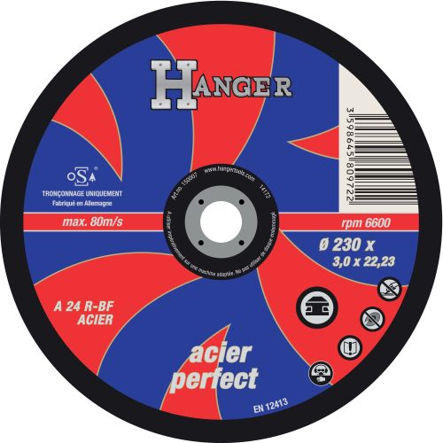 Disque à tronçonner droit pour acier 230 x 3mm A 24 R - HANGER - 150007 pas cher
