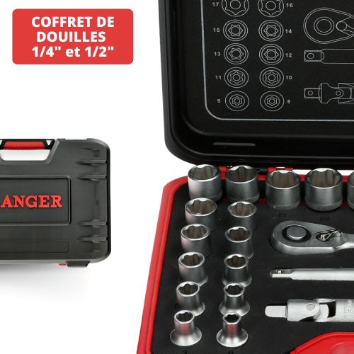 Coffret de douilles 1/4'' et 1/2'' 60 pièces - HANGER - 251004 pas cher Secondaire 11 L