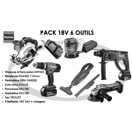 Pack 18 V 6 outils (DHP453/DHR202/DCL180/DGA452/DSS610/DBO180) + 3 batteries 3Ah + chargeur - MAKITA pas cher