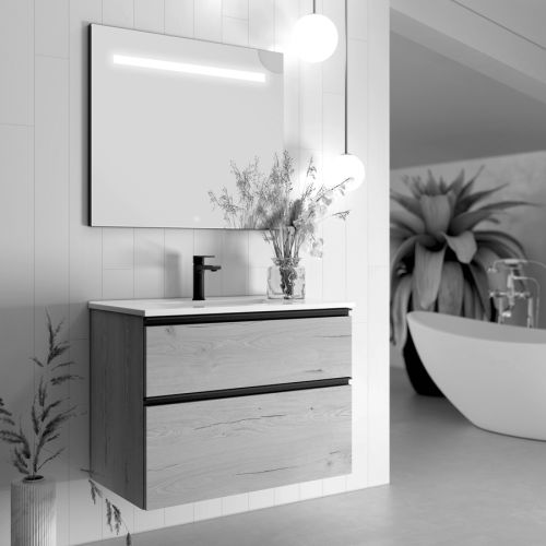 Meuble de salle de bain simple vasque 2 tiroirs CREMA et miroir Led STAM 80cm - COSYNEO - SANCREMA80STAM pas cher