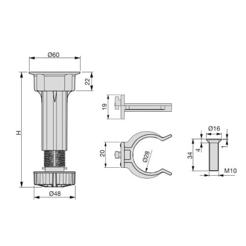 Kit de 4 pieds ABS hauteur 150mm avec 4 vis et 2 clips réglage 148-165mm - EMUCA - 3999417 pas cher Secondaire 1 L