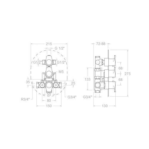 Mitigeur de douche thermostatique à encastrer ALEXIA 3627S 3 voies chromé poignées en laiton - RAMON SOLER - 36D300814 pas cher Secondaire 1 L