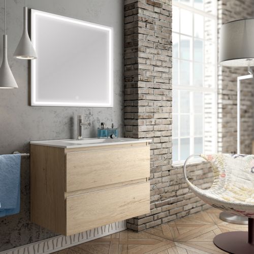 Meuble de salle de bain simple vasque 2 tiroirs BALEA et miroir Led VELDI bambou (chêne clair) 100cm - COSYNEO - INGBALEA100VELDIBAM pas cher