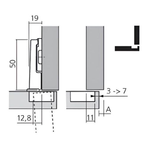Charnière Modul ouverture 95° pour porte d'habillage de réfrigérateur BLUM CHA91955 photo du produit Secondaire 2 L