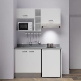 Kitchenette K13L 140cm emplacement frigo, hotte et micro-ondes blanc/cromo (gris) évier à gauche - CUISIBANE - K13B-P140CR-G pas cher Principale M