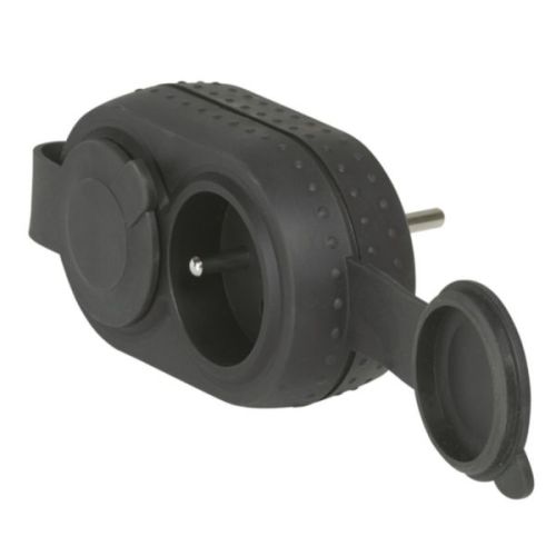 Fiche biplite étanche IP44 avec 2 prises 2P+T 16 A 230 V frontales antichoc avec 2 bouchons - caoutchouc noir LEGRAND 050470 photo du produit Principale L