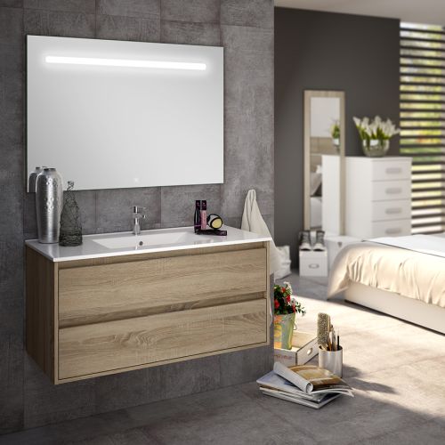 Meuble de salle de bain simple vasque 2 tiroirs IRIS et miroir Led STAM cambrian (ch&ecirc;ne) 100cm - COSYNEO - SIRIRIS100STAMCAM pas cher