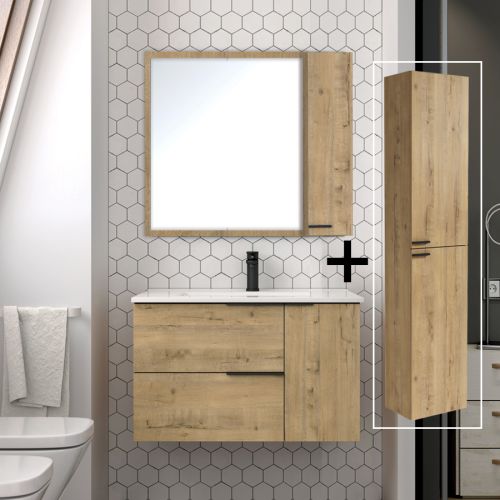 Ensemble meuble de salle de bain 80cm vasque déportée + colonne de rangement KING Roble (chêne clair) - COSYNEO - REIDKING80COLROBA pas cher