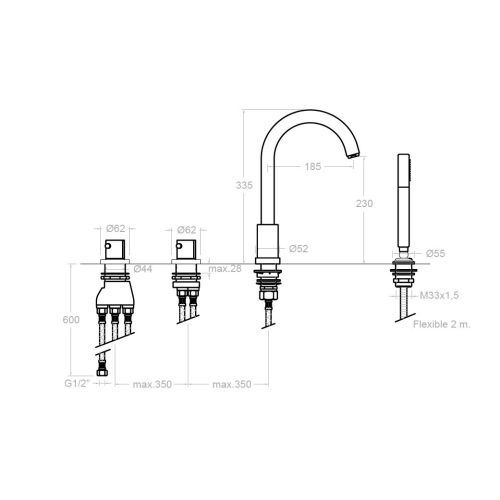 Ensemble bain-douche thermostatique sur gorge AROLA 263303TM chromé poignées en laiton blocage température 38°C - RAMON SOLER - 26C301649 pas cher Secondaire 1 L