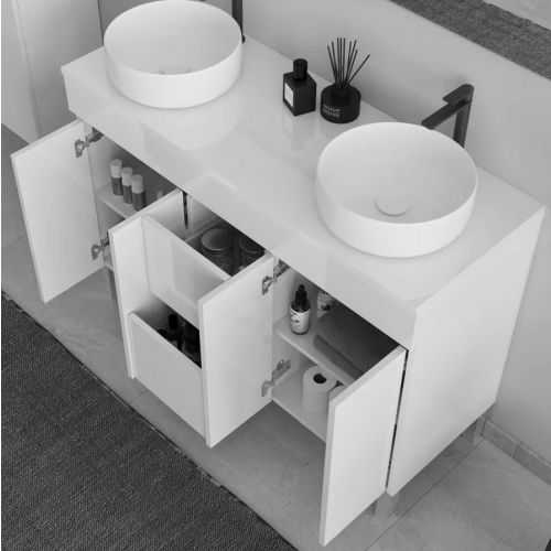 Meuble de salle de bain HARO 120cm sur pieds avec plateau et deux cuves à poser rondes sans miroir portes et tiroirs blanc - COSYNEO - NILHARO120ARESBLAB pas cher Secondaire 1 L