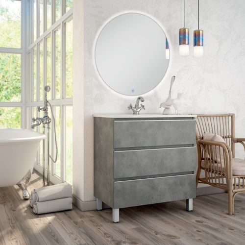 Meuble de salle de bain simple vasque 3 tiroirs PALMA et miroir rond Led SOLEN ciment (gris) 80cm - COSYNEO - ING3CPALMA80SOLENCIM pas cher