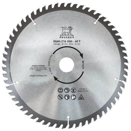 Lame de scie 216 x 2,6 mm 60 T pour scie table 132008 PEUGEOT OUTILLAGE 801337 photo du produit Principale L