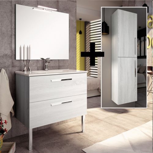 Ensemble meuble de salle de bain 80cm simple vasque + colonne de rangement CINTO hibernian (bois blanchi) - COSYNEO - M81CINTO80COLHIB pas cher