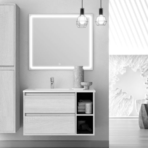 Meuble de salle de bain vasque déportée 2 tiroirs OLYMPE et miroir Led VELDI hibernian (bois blanchi) 80cm - COSYNEO - VENOLYMPE80VELDIHIB pas cher