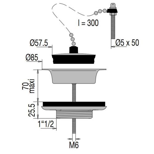 Bonde d'évier Laiton D60 70 l/min avec bouchon-chaînette pour evier grès VALENTIN 00 352200 000 00 photo du produit Secondaire 1 L