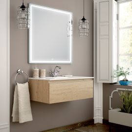 Meuble de salle de bain Cosynéo simple vasque à 1 tiroir PENA et miroir Led VELDI bambou (chêne clair) photo du produit Principale M