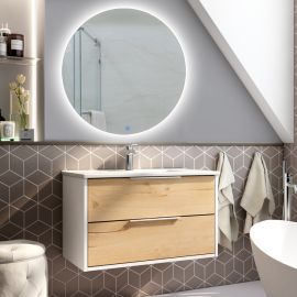 Meuble de salle de bain Cosynéo simple vasque à 2 tiroirs ALBA et miroir rond SOLEN 80 cm photo du produit Principale M