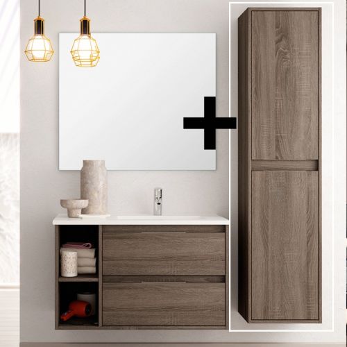 Ensemble meuble de salle de bain 80cm vasque déportée + colonne de rangement OLYMPE britannia (chêne foncé) - COSYNEO - VENOLYMPE80COLBRI pas cher