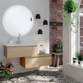 Meuble de salle de bain simple vasque  2 tiroirs PENA et miroir rond Led SOLEN bambou (chêne clair) 120cm - COSYNEO - GIBPENA120SOLENBAM photo du produit Principale M