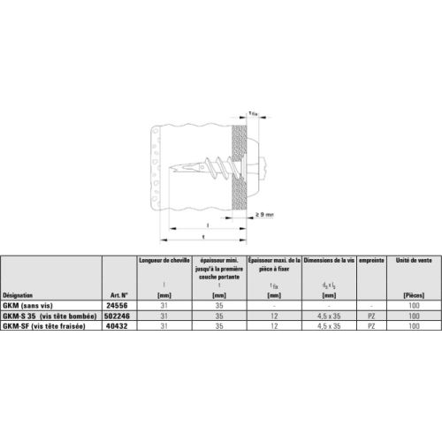Chevilles m&eacute;tallique auto-perceuse GKM-S 35 pour carton pl&acirc;tre bo&icirc;te de 100 - FISCHER - 502246 pas cher Secondaire 1 L