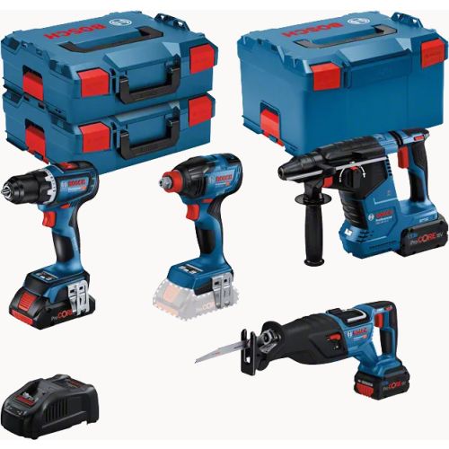 Kit 4 outils ProCORE18V (GSR90/GDX210/GSA28/GBH24) + 1 batterie 4 Ah + 2 batteries 5,5 Ah + GAL 1880CV en coffret L-BOXX BOSCH 0615990N37 photo du produit