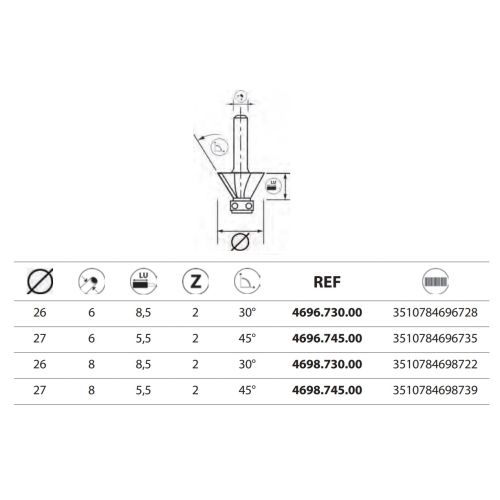 Fraise de défonceuse Q8 - Chanfreiner avec guide angle 25°