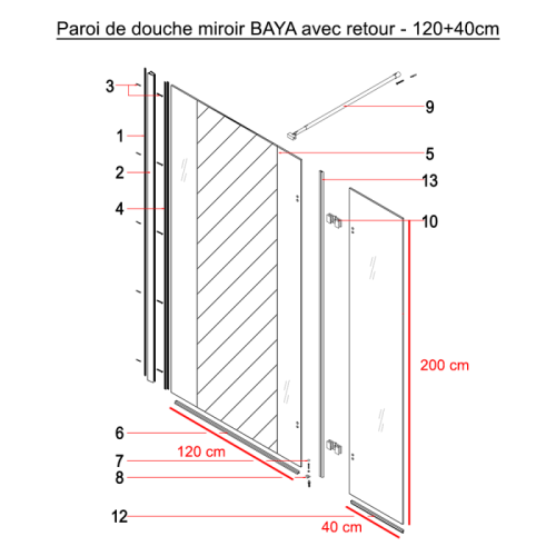 Paroi de douche miroir fixe/volet pivotant BAYA 120cm retour 40cm - CUISIBANE - PC-I8BAY_120+40H pas cher