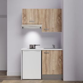 Kitchenette K01L-PT 120cm emplacement frigo et hotte chêne avec plan de travail blanc et cuve gris - CUISIBANE - K01CH-PT120B-C54G pas cher Principale M