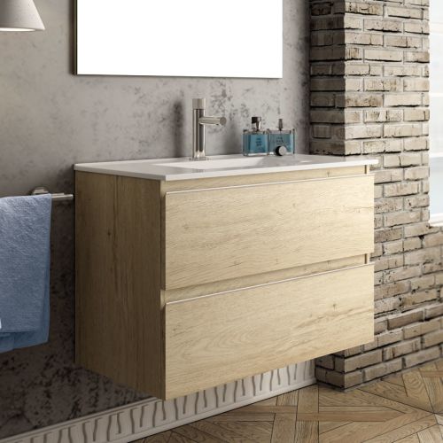 Meuble de salle de bain 100cm simple vasque 2 tiroirs sans miroir BALEA bambou (chêne clair) - COSYNEO - INGBALEA100BAMB pas cher