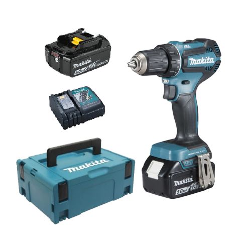 Perceuse-visseuse 18V + 2 batteries BL1850B + chargeur DC18RC + Makpac 2 MAKITA DDF485RTJ photo du produit