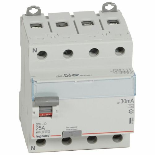 Interrupteur différentiel DX³-ID arrivée haute et départ bas à vis 4P 400 V type AC 4 modules 30 mA 25 A LEGRAND 411660 photo du produit Principale L