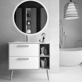 Meuble de salle de bain Cosynéo vasque déportée à 2 tiroirs MALIA et miroir rond Led SOLEN 80 cm pas cher Principale M