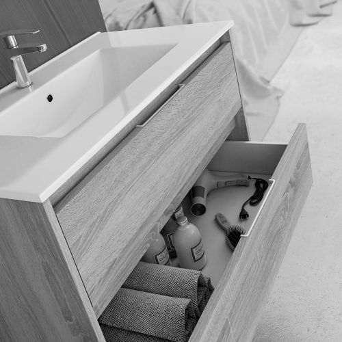 Meuble de salle de bain 80cm simple vasque 3 tiroirs sans miroir IRIS hibernian (bois blanchi) - COSYNEO - SIRIRIS80HIBB pas cher Secondaire 2 L