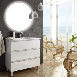 Meuble de salle de bain Cosynéo simple vasque à 3 tiroirs PALMA et miroir rond Led SOLEN photo du produit Principale M
